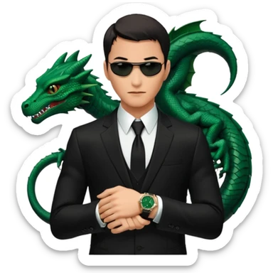mysterious scenery: green audemars piguet watch (without text), black bugatti, and a dark green dragon, and a mysterious agent from The Matrix with his eyes censored sticker