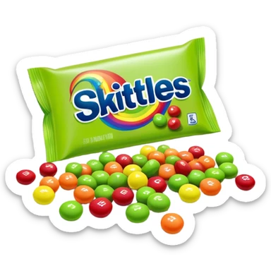 Regular rainbow-colored Skittles package with the standard logo and design, but only lime green Skittles candies spilling out sticker