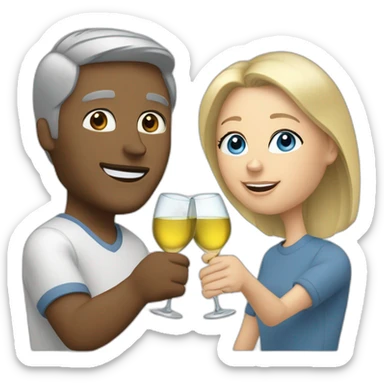 A white woman with brown eyes and blond hair and a white man with blue eyes and grey hair, they toast to each other with a glass of white wine. sticker