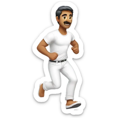 an indian man aged 30 years, wearing a white t-shirt and a white pant, full body, running, front-facing view, arms swinging naturally, intense focused expression, high resolution, perspective view, 2D cartoon style, simple cartoon colors
 sticker