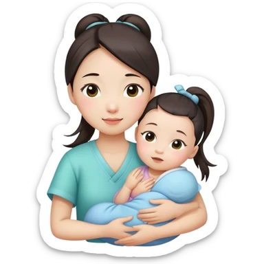 Ponytail chinese girl hugs a newborn baby and a girl sticker