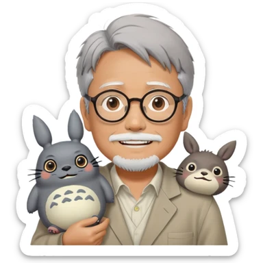 _cinematic-realistic-portrait-of-hayao-miyazaki,-depicted-with--large-rectangular-glasses,-his-happy-expression-rendered-in-lifelike-detail,-illuminated-with-soft,-realistic-lighting-that-emphasizes-his-creative-genius, with totoro sitting on this shoulder  sticker