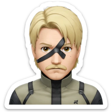 Style : Manga détaillé façon Metal Gear Solid — lignes nettes, ombres douces, couleurs vives. Personnage : cache-œil noir à gauche, cheveux blonds mi-courts avec côtés foncés, yeux marron, moustache fine, sweat clair.  sticker