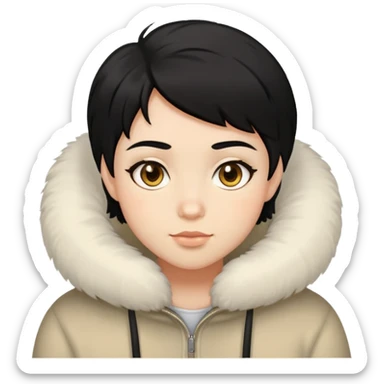 Dark short black hair with light skin and hazel eyes with fluffy cheeks sticker