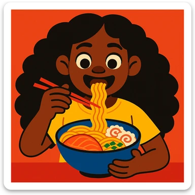 dark skin African American girl with long curly black hair, wearing a yellow shirt, eating a bowl of ramen, vibrant illustration sticker