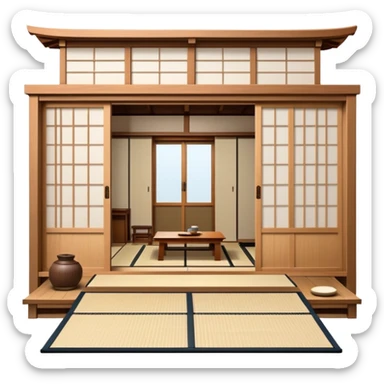 traditional Japanese house with wooden structure, sliding shoji doors, and tatami mat flooring sticker