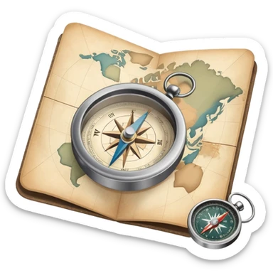 Folded travel map and compass with muted colors, not vibrant sticker