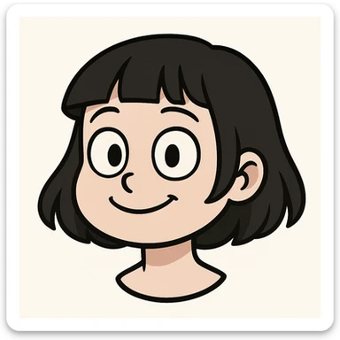 young girl with pale skin, black bob haircut, cartoon features, big simple eyes, simple smile, minimal details, Telegram sticker style, head only without neck, white background sticker