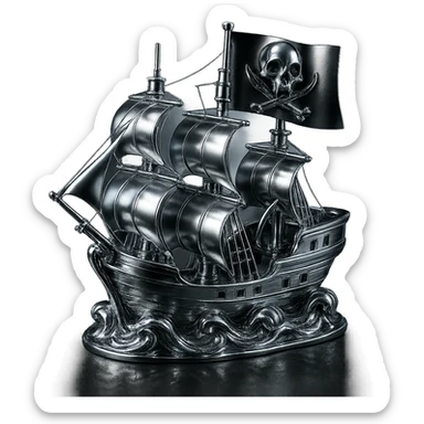 Edit the flag to feature an emblem that closely resembles the provided skull and crossed bones: a realistic animal skull with open mouth and two curved bones crossing behind it, in a chrome style. Maintain the stormy chrome pirate ship scene. sticker