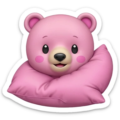 pink bear with a mischievous smile, gripping a pillow, flat minimal rounded shapes, playful, iPhone emoji style sticker