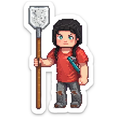 Minecraft character, pixel art style, blocky figure with black hair and red shirt, holding a shovel sticker