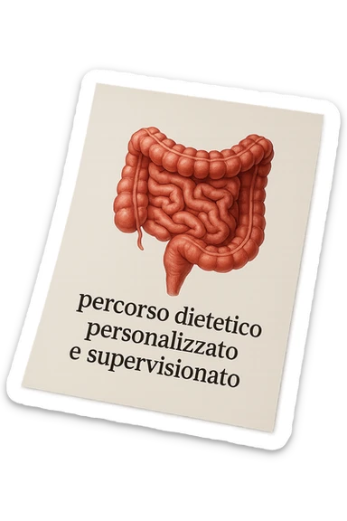 foglio di carta con intestino disegnato sopra e la scritta "percorso dietetico personalizzato e supervisionato", iperrealistico 4k sticker