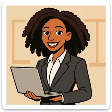 Convert this image to a cartoon style with a confident, successful CEO vibe. The girl should have slightly longer hair and lighter skin tone, maintaining her confident expression and professional appearance. sticker