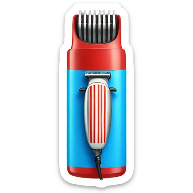 hair clipper with a barber pole near blue present box with red bow sticker
