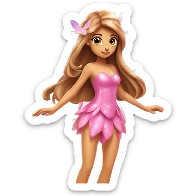 Flora the adult latina fairy of nature in her enchantix fairy pink clothing and fairy enchantix wings and long light brown hair from winx club. Small eyes, Lots of sparkles and fairydust. Full body and full fairy bliss sticker