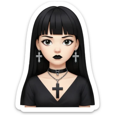 vampira parda com cabelo preto longo e liso e franja, olhos pretos, brincos em formato de cruz, choker em formato de cruz, roupa preta com decote, batom preto e séria sticker