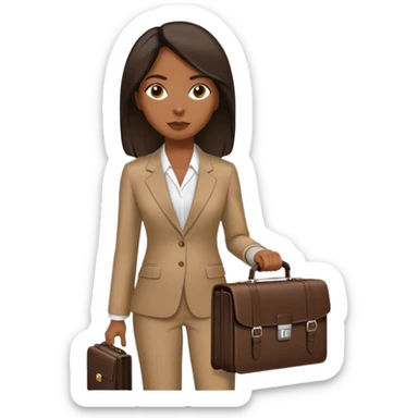 dark brown woman with dark brown shoulder length straight hair in an executive tan suit carrying one briefcase sticker