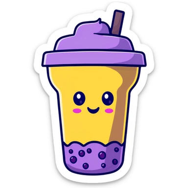 Purple bubble tea cup with a cute face and black tapioca pearls inside sticker