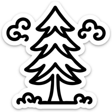 simple single evergreen tree with clouds in Slavic folk art style, dark neutral forest color tones, illustrated outlines, suitable for favicon sticker