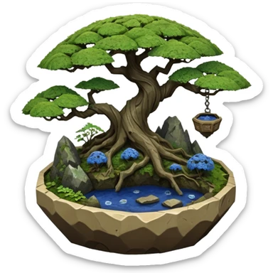 Alien spacecraft hanging-jungle vines mountain-island landscape mudman very old broken cracked intricate Stone Age rocky-crusted irregular dodecagon-shaped shallow dark moss rough bark blue willow flowered maple tree bonsai pot sticker