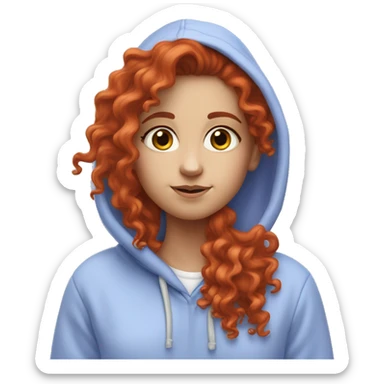 a white girl with long red curly hair, wearing a pastel periwinkle hoodie doing a pose sticker