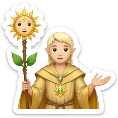 {
      "type": "human",
      "look": "light elf healer, golden robe, staff with leaf and sun motif",
      "description": "a light elf healer wearing a golden robe and holding a staff with leaf and sun symbols"
    } sticker