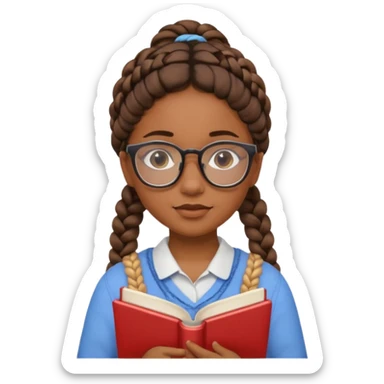 A student, girl, brown skin, braid hair, wearing glasses, hold book in front of their chest sticker