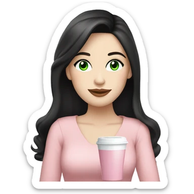 pretty woman with pale skin, very long black hair and green eyes and light pink outfit drinking a pink latte sticker
