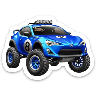 Dirty raced jacked 2013 scion fr-s ultramarine off road 4wd monster Baja dessert stadium racer number 86 with long travel suspension, shiny silver wheels, exaggerated black fender flares  sticker