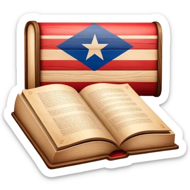 Timeless book with Puerto Rican flag design, theater stage symbol carved in wood, parchment and wooden textures, warm tones with a subtle glow, representing the history of scenic design sticker
