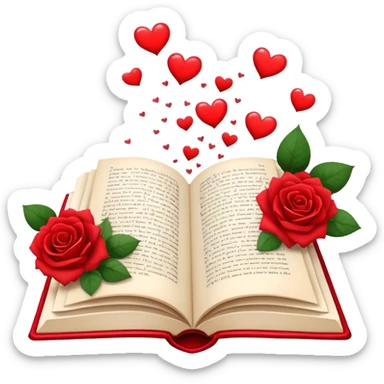 Icon for Romance Reading: an open book with a heart-shaped bookmark, surrounded by roses, a love letter, and a cup of tea, with small hearts and Cupid with bow and arrows flying out of the pages. Transparent background. sticker