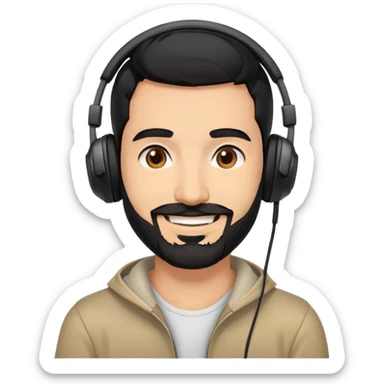 Smiling man with black hair, brown eyes, black beard wearing gaming headphones sticker