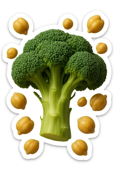 SU QUESTO STILE FAI  broccoli e ceci che fluttuano in aria, FALLO MOLTO REALISTICO IN 3D sticker