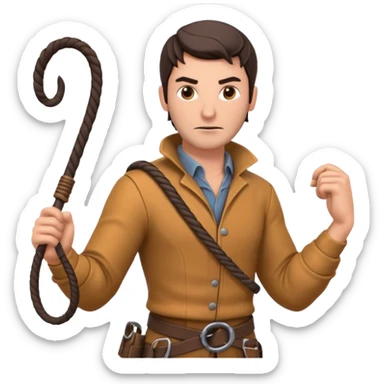man with a whip portrait, head and shoulders only, whip coiled on shoulder, rugged outfit, confident look, 3D cartoon, mobile game icon style, clean background, no text, no watermark
 sticker