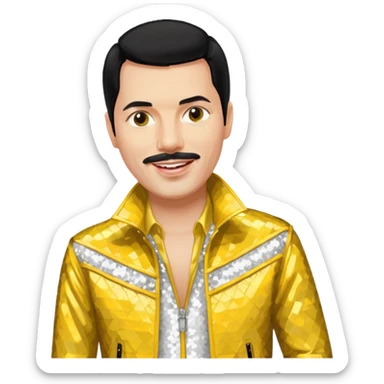 Freddie Mercury with black hair, white sequin shirt, yellow sequin jacket sticker