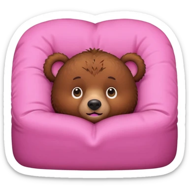 A brown bear in a pink bed, upside down and looking at the viewer with a quirky expression. sticker