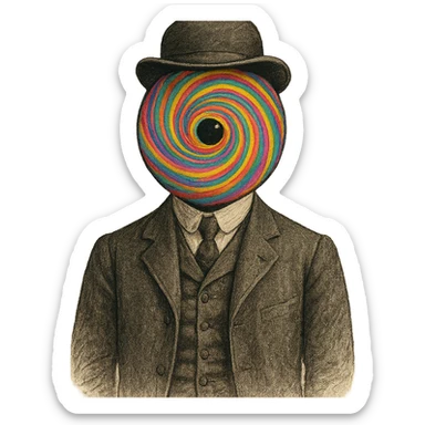 vintage dressed person, head is a swirling psychedelic eye, no mouth or nose, old-fashioned suit sticker