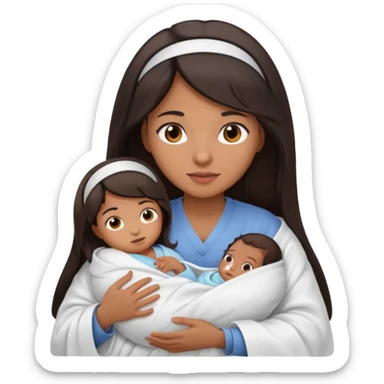 Female nurse with long dark hair with medium brown skin and brown eyes holding one new born  sticker