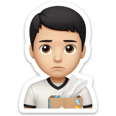 generate a pretty bratz boy with black hair, wearing a white polo shirt. Looking sad, holding a box of tissues sticker
