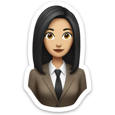 Female defense attorney with long black hair with brown suit sticker