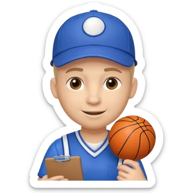 cute basketball coach portrait, head and shoulders only, whistle, cap, clipboard strap, confident smile, 3D cartoon, mobile game icon style, clean background, no text, no watermark
 sticker