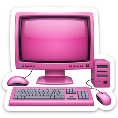 shiny pink translucent 90s computer with CRT monitor, keyboard, PC tower, mouse sticker