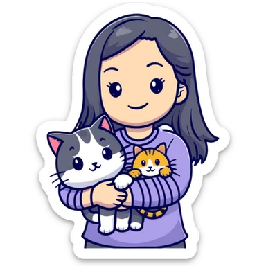 smiling girl with long hair holding a cat with silver stripes sticker