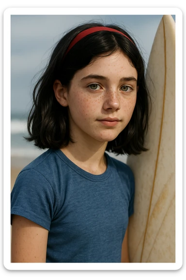 14-year-old girl resembling Snow White, hair slightly below shoulders, small green eyes, some freckles, surfer, medium height, realistic style sticker