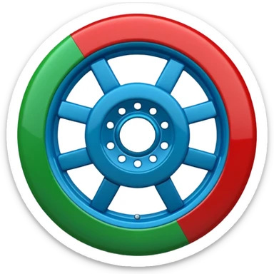 Glossy 3D emoji, blue top, green bottom, large red spoked wheel in center. Geometric symbol, no face. sticker