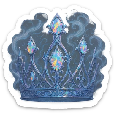 gothic crown in iridescent silver with rainbow opals and swirling mist details, ethereal and magical sticker