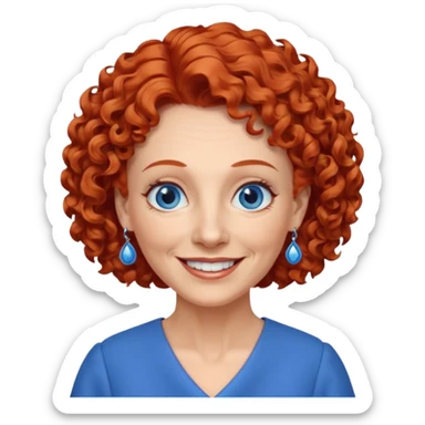una profesora mayor simpática con el pelo rojo rizado, ojos azules, vestido azul y pendientes azules hablando altura completa sonriendo con los dientes sticker