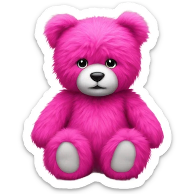 Realistic isolated big full length stuffed Teddy Bear made of long fluffy hot pink hair sitting up. sticker
