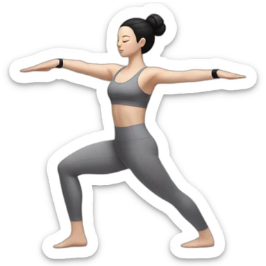 Pale skinned fit woman In a gray tight yoga suit and wristbands With black hair in a bun performs an asana sticker