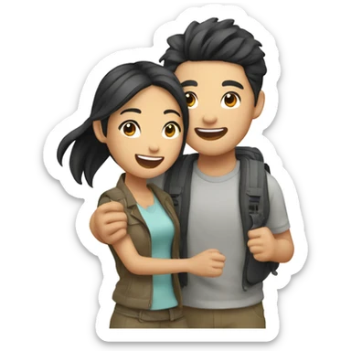Cute young  Asian couple excitedly traveling  sticker